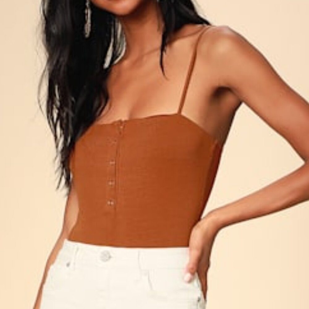 Lulus So Easy Rust Brown Ribbed Snap Front Bodysuit - Size S